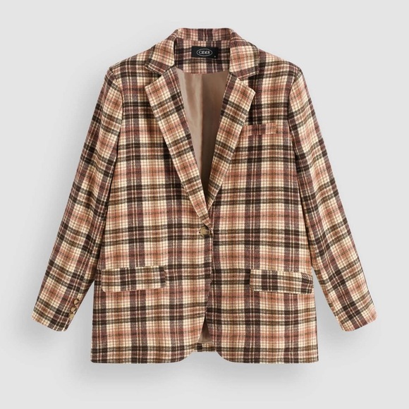 Cider Retro Plaid Pattern Blazer Womens Size Small Camel Brown Pink Oversized - Picture 1 of 5